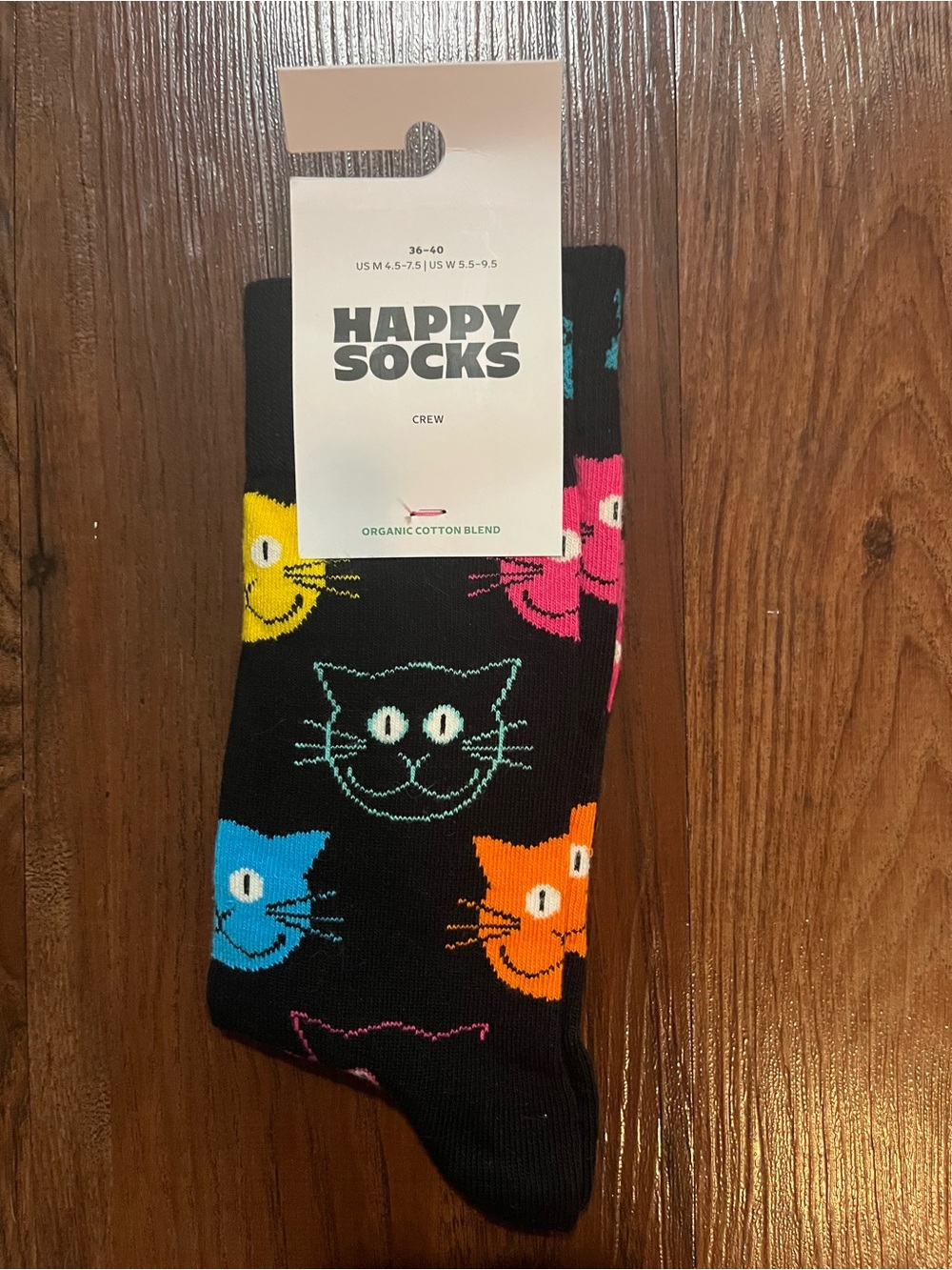 Happy Socks Black Crew Socks with Multicolor Cat Faces Women’s Shoe Size 5.5-7.5
